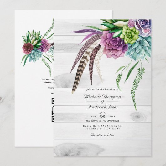 Rustieke Boho Succulenten QR Code RSVP Trouwen Kaart (Voorkant / Achterkant)