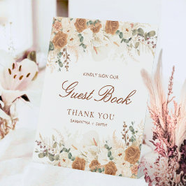 Rustieke Boho Terracotta Bloemen Gastboek Reclamebord Met Voetstuk