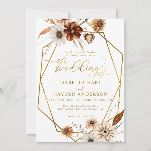 Rustieke Boho Terracotta Bloemen Gouden Lijst Huwe Kaart (Voorkant)