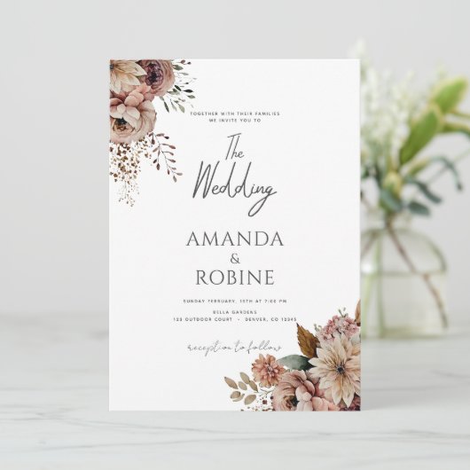 Rustieke Boho Terracotta Bloemen Huwelijksuitnodig Kaart (Staand voorkant)