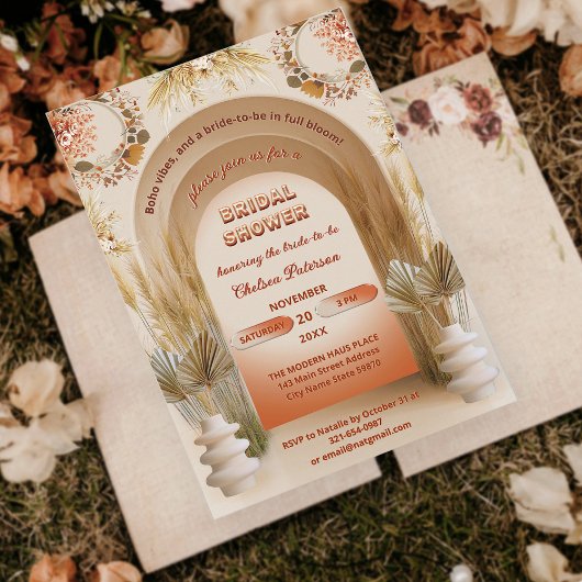 Rustieke Boho Terracotta Pampas Bloemrijke Bruidsd Kaart