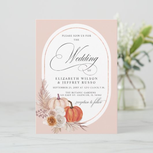 Rustieke Boho Terracotta Pampas Pumpkin Fall Bruil Kaart (Staand voorkant)