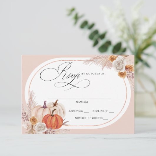 Rustieke Boho Terracotta Pampas Pumpkin Fall Bruil RSVP Kaartje (Staand voorkant)