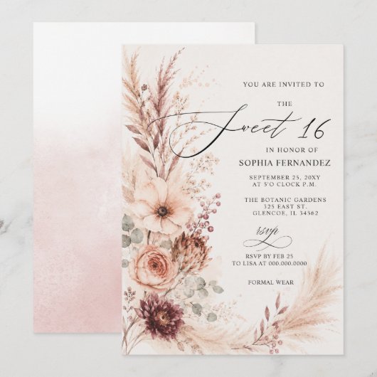 Rustieke Boho Terracotta Pampas Sweet 16 Kaart (Voorkant / Achterkant)