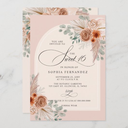 Rustieke Boho Terracotta Pampas Sweet 16 Kaart (Voorkant / Achterkant)