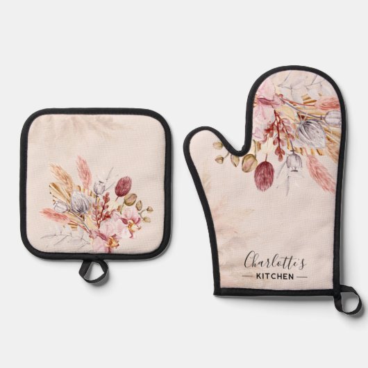 Rustieke Boho Terracotta Script gepersonaliseerd Ovenwant & Pannenlap Set (Voorkant)