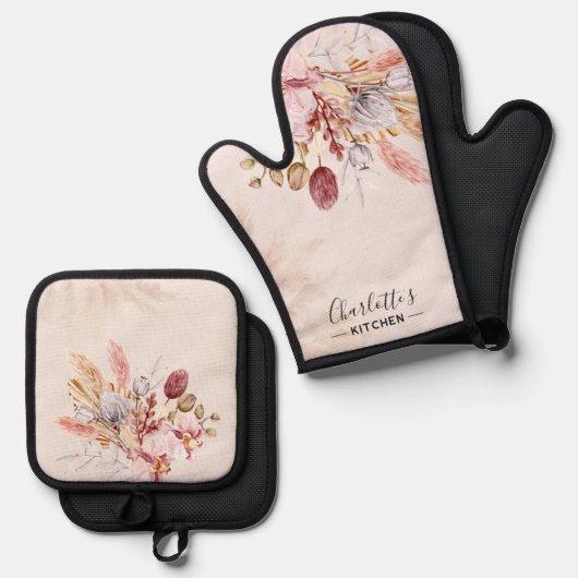 Rustieke Boho Terracotta Script gepersonaliseerd Ovenwant & Pannenlap Set (Voorkant / Achterkant)