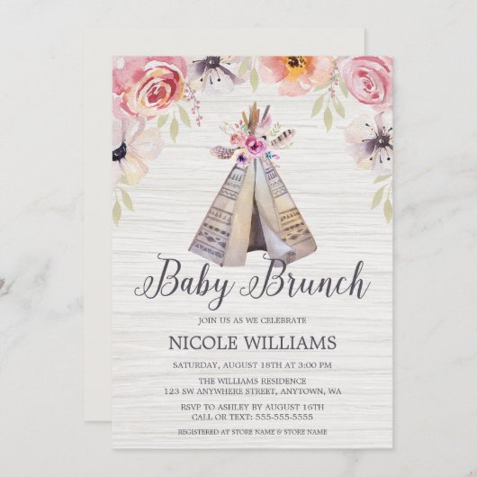 Rustieke Boho Tribal Teepee Meisje Baby Brunch Dou Kaart (Voorkant / Achterkant)