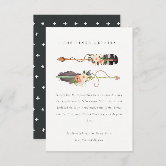 Rustieke Boho Veer Bloemige Pijl Trouwdetails Informatiekaartje (Voorkant / Achterkant)