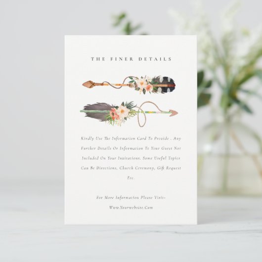 Rustieke Boho Veer Bloemige Pijl Trouwdetails Informatiekaartje (Staand voorkant)