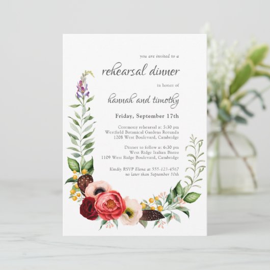 Rustieke Boho Waterverf Bloemen repetitie diner Kaart (Staand voorkant)