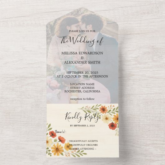 Rustieke boho waterverf bloemenfoto bruiloft all in one uitnodiging (Binnen)