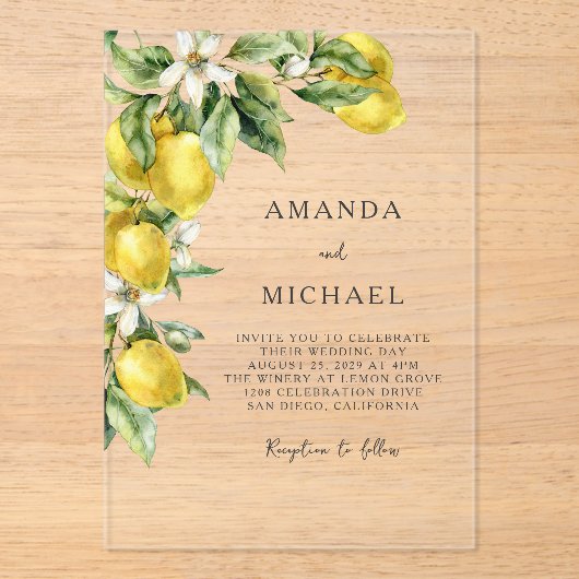 Rustieke Boho Waterverf Citrusvruchten Bruiloft Acryl Uitnodigingen (Voorkant)