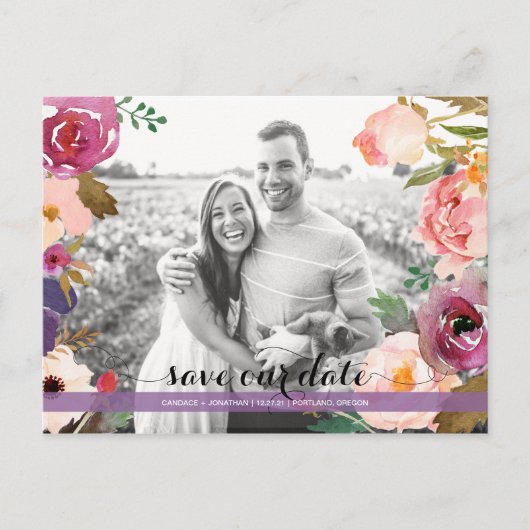Rustieke Boho Waterverf Flowers Foto Save the Date Aankondigingskaart (Voorkant)