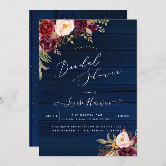 Rustieke Boho Waterverf Marsala Pioenenblauw Hout Kaart (Voorkant / Achterkant)