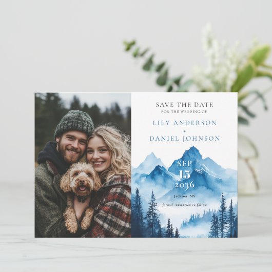 Rustieke Boho Waterverf Mountain Photo Wedding Save The Date (Staand voorkant)