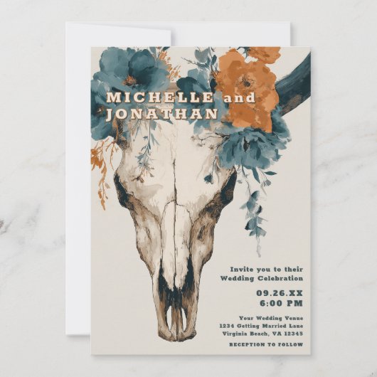 Rustieke Boho Westerne Bloemenstier Koe Schedel Hu Kaart (Voorkant)