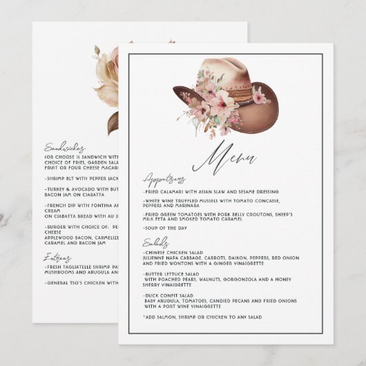 Rustieke Boho Westerne bruiloft Floral Cowboy Wedd Menu (Voorkant / Achterkant)