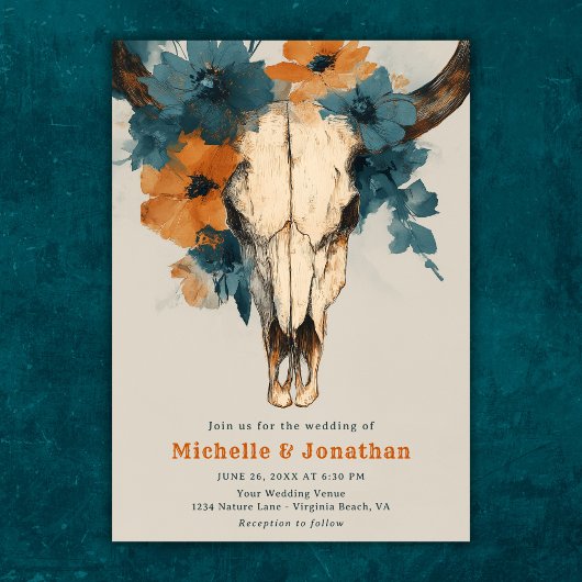 Rustieke Boho Westerne Koe Schedel Bloemen Huwelij Kaart