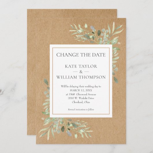 Rustieke Boho Wijzig de Datum Waterverf Groene Bla Save The Date (Voorkant / Achterkant)