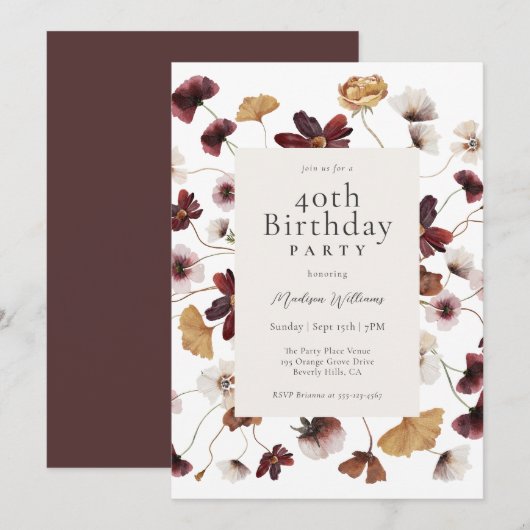 Rustieke Boho Wildbloemen 40e verjaardagsfeest Kaart (Voorkant / Achterkant)