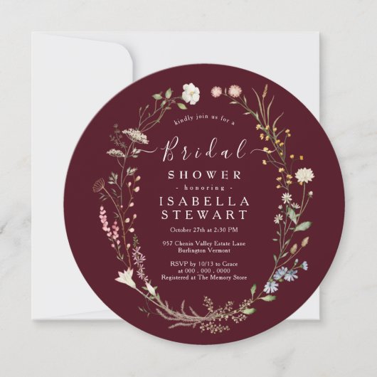 Rustieke Boho Wilde Bloem Chic Bourgondië Bruidsdo Kaart (Voorkant)