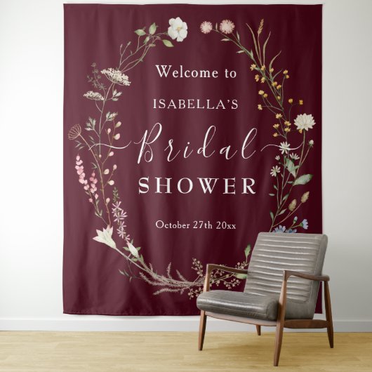Rustieke Boho Wilde Bloem Chic Burgundy Bruidsdouc Wandkleed (In situ)