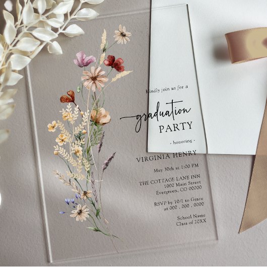 Rustieke Boho Wilde Bloemen Afstuderen Acryl Uitnodigingen