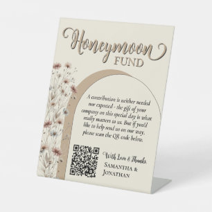 Rustieke Boho Wilde Bloemen Honeymoon Fonds QR-cod Reclamebord Met Voetstuk