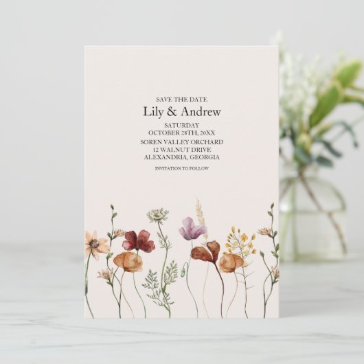 Rustieke Boho Wildflower Bewaar de datum Kaart (Staand voorkant)