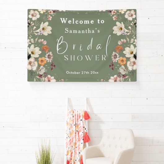 Rustieke Boho Wildflower Sage Groen Vrijgezellenfe Spandoek (Insitu)