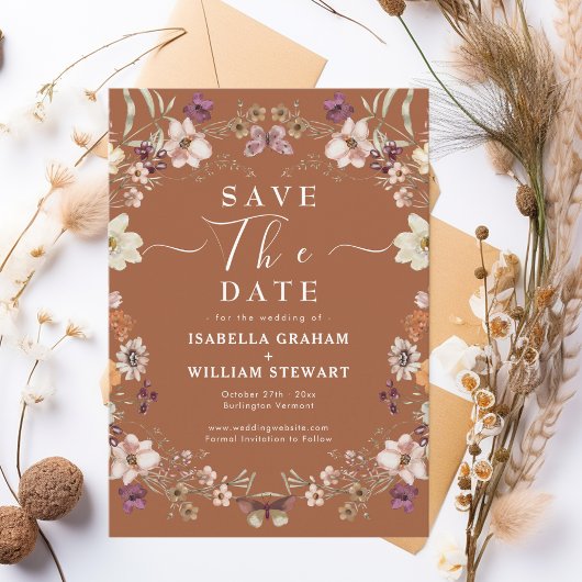 Rustieke Boho Wildflower Terracotta Save the Date Kaart
