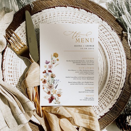 Rustieke Boho Wildflower Tuin Bruiloft Menu Kaart