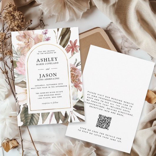 Rustieke Boho Wildflowers Huwelijk met QR-code Kaart