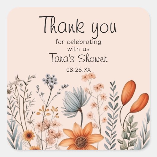 Rustieke Boho Wildflower's in sinaasappels en grij Vierkante Sticker (Voorkant)