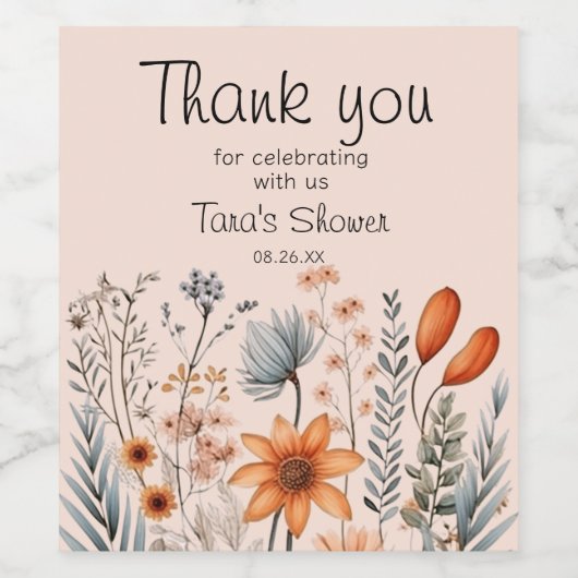 Rustieke Boho Wildflower's in sinaasappels en grij Wijn Etiket (Enkel label)