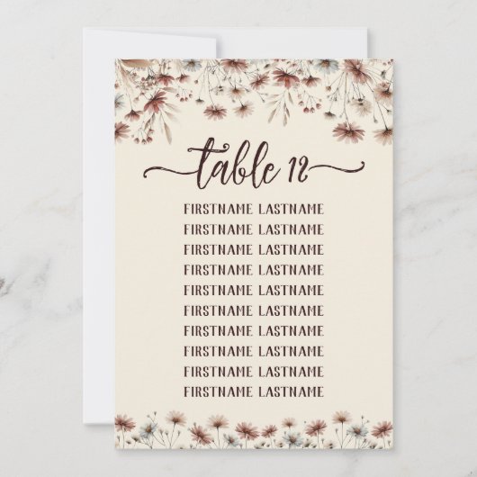 Rustieke Boho Wildflowers Wedding Seating Chart Ka Kaart (Voorkant)