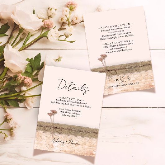 Rustieke Boho Wood Blush Wildflower Wedding Detail Informatiekaartje