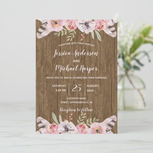 Rustieke Boho Wood Floral bruiloft Kaart (Staand voorkant)