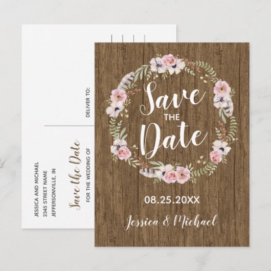 Rustieke Boho Wood Floral Save the Date Briefkaart (Voorkant / Achterkant)