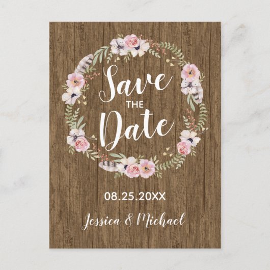 Rustieke Boho Wood Floral Save the Date Briefkaart (Voorkant)