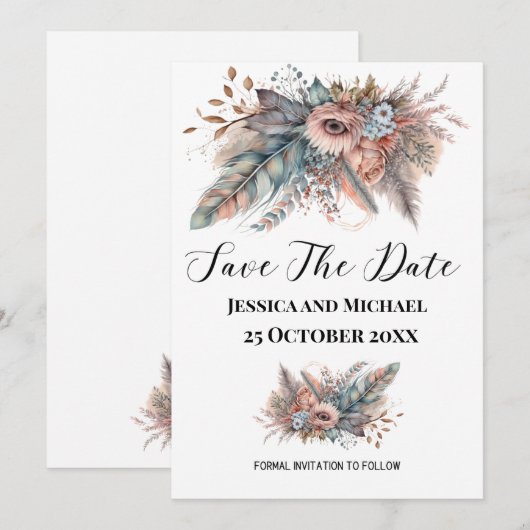 Rustieke Boho Zilver & Roze Bloem Save The Date (Voorkant / Achterkant)
