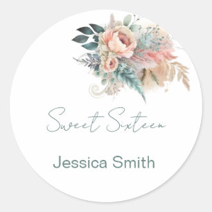 Rustieke Boho Zilver & Roze Bloemen Sweet Sixteen Ronde Sticker