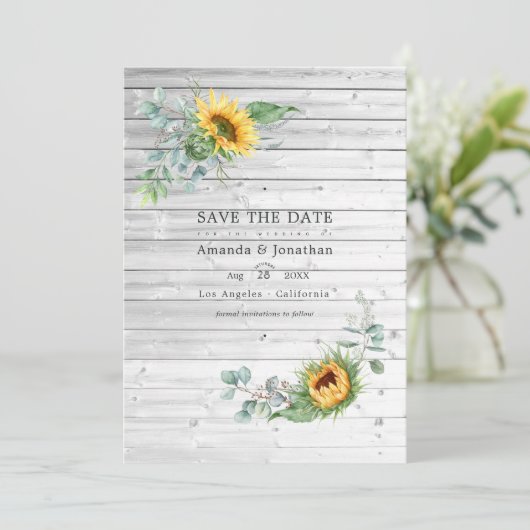 Rustieke Boho Zonnebloem Eucalyptus Trouwfoto Save The Date (Staand voorkant)