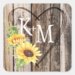 Rustieke Boho Zonnebloem Hart Monogram Bruiloft Vierkante Sticker