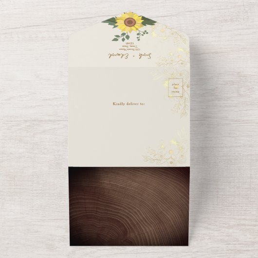 Rustieke Boho Zonnebloem Hout Wedding All In One Uitnodiging (Buitenkant)