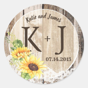 Rustieke Boho Zonnebloem Kant Monogram Bruiloft Ronde Sticker