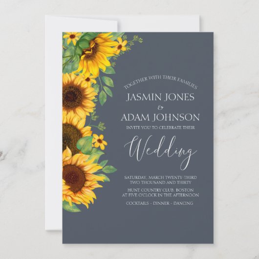 Rustieke Boho Zonnebloem Navy Wedding Kaart (Voorkant)