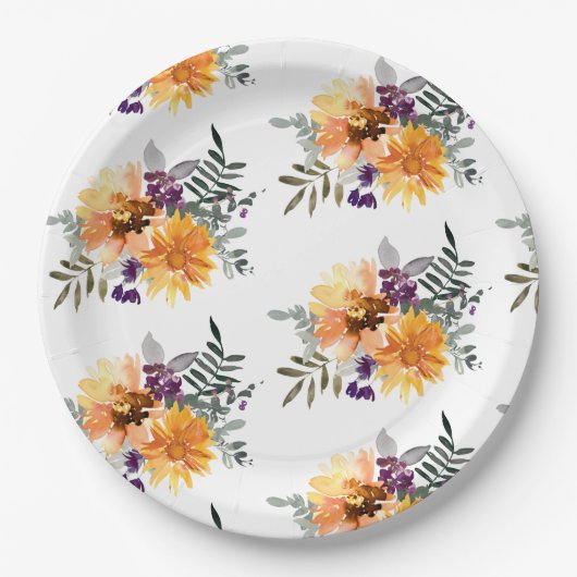 Rustieke Boho Zonnebloem & Wildflower Waterverf Papieren Bordje (Voorkant)