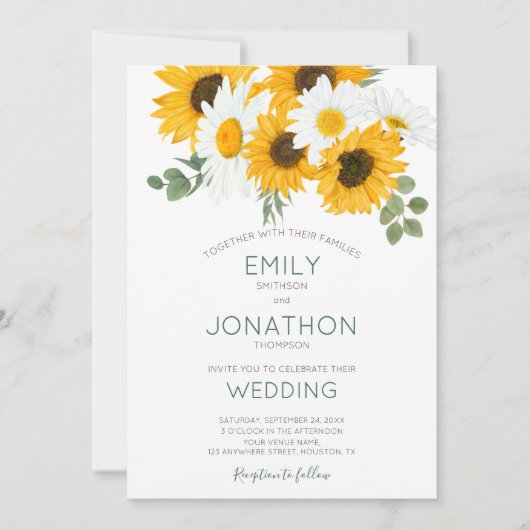 Rustieke Boho zonnebloemen bladeren bruiloft Kaart (Voorkant)